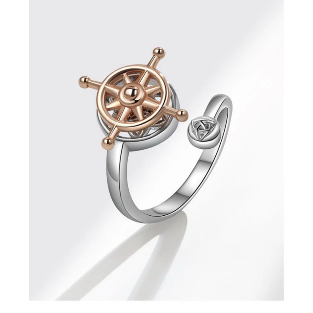 Silver & Gold Nautical Wheel Ring Copper Plating Rudder Open Rings Anxiety Ring